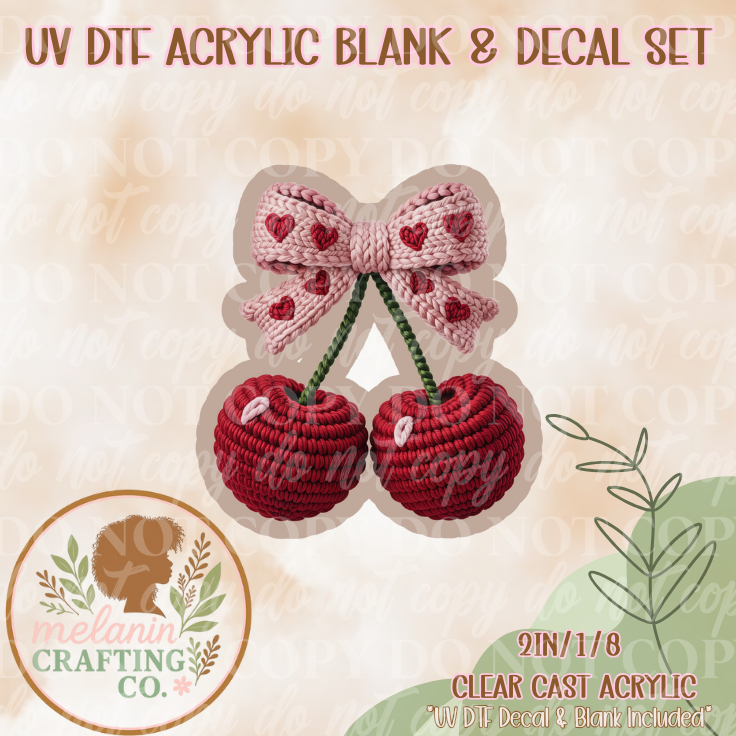 Crochet Cherry Hearts UV Dtf Acrylic Blank & Decal Set