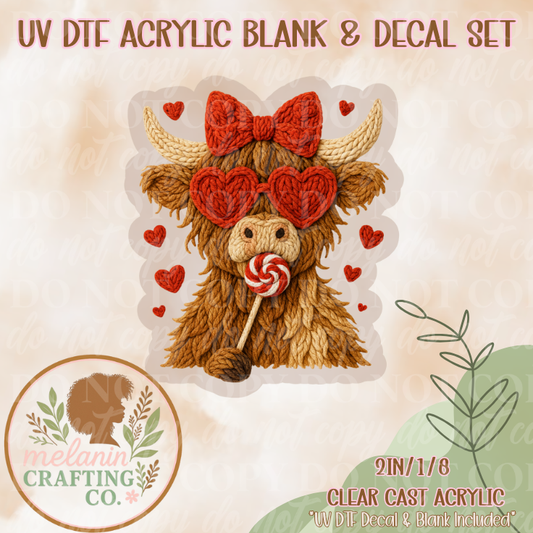 Crochet Highland Cow Love UV Dtf Acrylic Blank & Decal Set