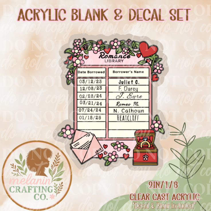 Romance Library Card Book Acrylic Blank & Decal Set