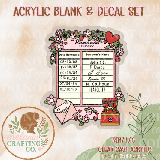 Romance Library Card Book Acrylic Blank & Decal Set