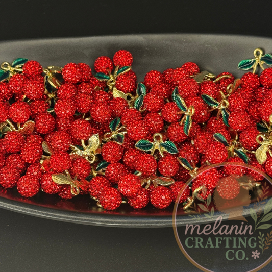 Rhinestone Cherry Enamel Charm- Set of 5
