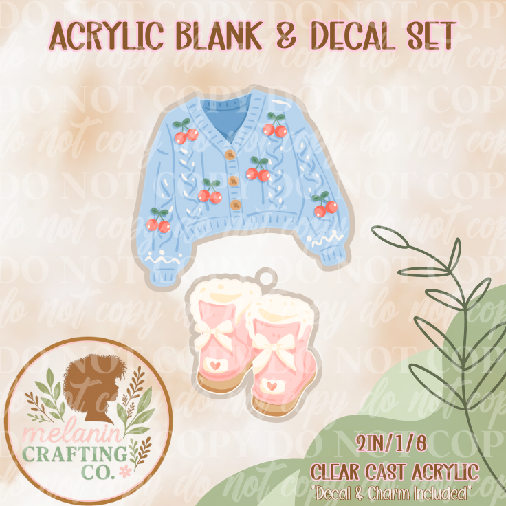 Cozy Cherry Sweater & Boots Acrylic Blank & Decal Set (Charm Included)