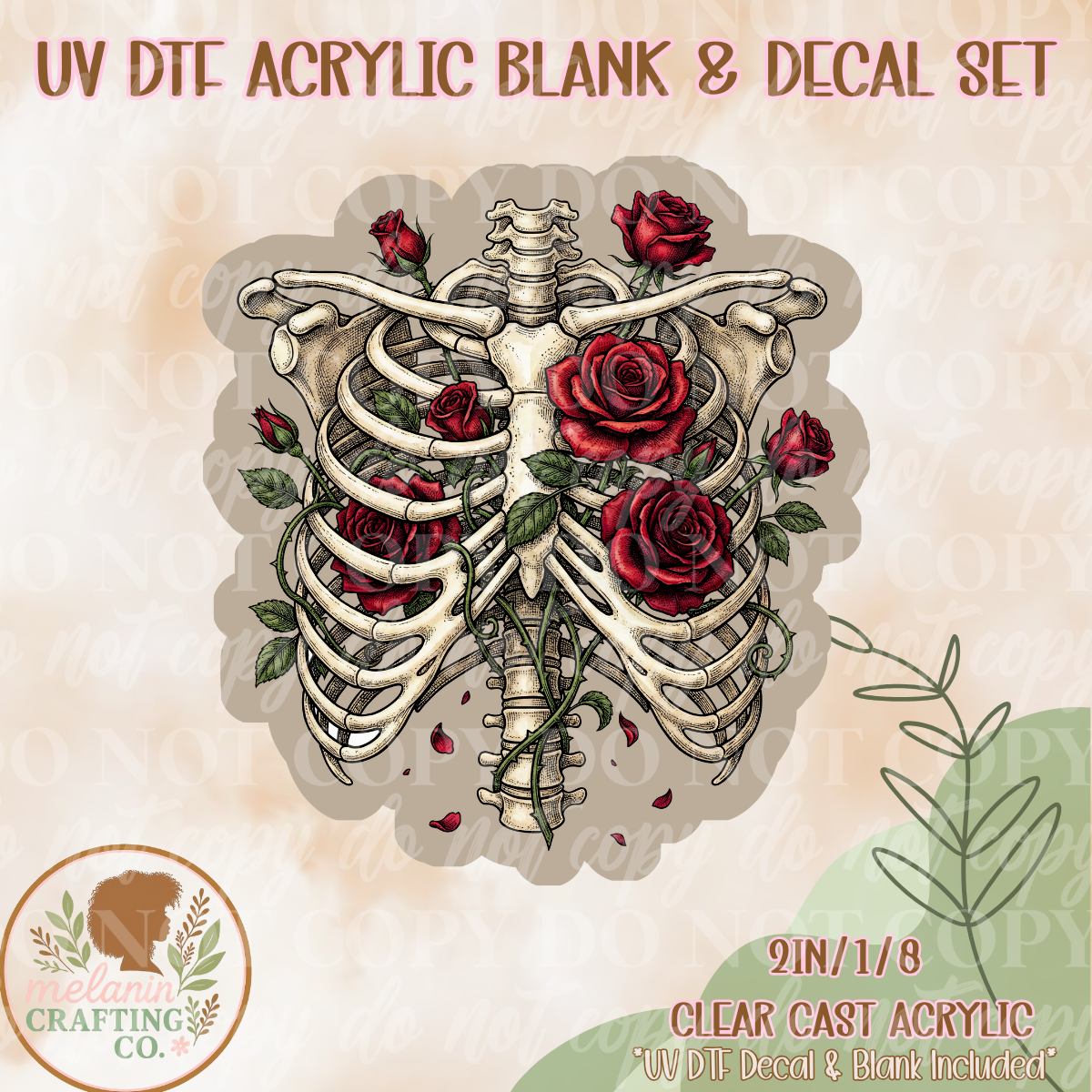 Gothic Skeleton Roses UV Dtf Acrylic Blank & Decal Set