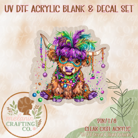 Mardi Gras Highland Cow UV Dtf Acrylic Blank & Decal Set